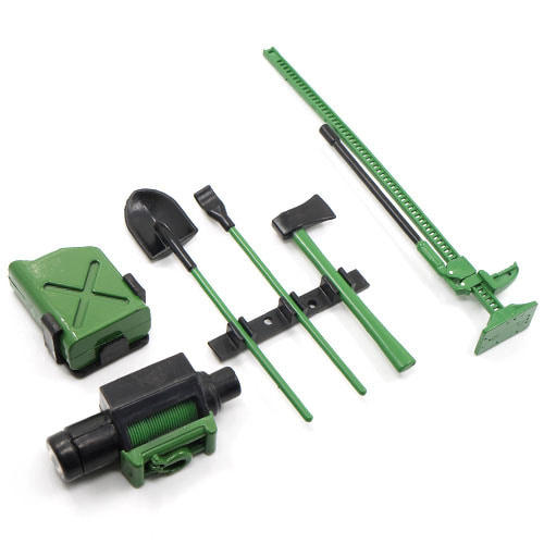 하비몬[이달의할인] [#YA-0356GN] 1/10 RC Crawler Scale Accessory Tool Set Axes Digging Shovel Oil Tank High Jack Winch Pry Bar Green[상품코드]YEAH RACING