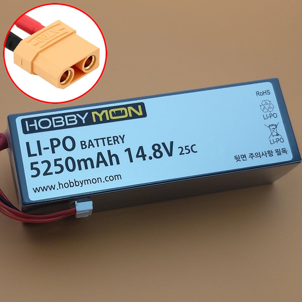하비몬[#HBM5250M4S-XT90｜BM0322] [3셀 크기 4셀 리포 배터리｜하드케이스] 5250mAh 14.8V 4S 25C Hard Case LiPo Battery w/XT90 Connector (크기 139 x 48 x 39mm)[상품코드]HOBBYMON